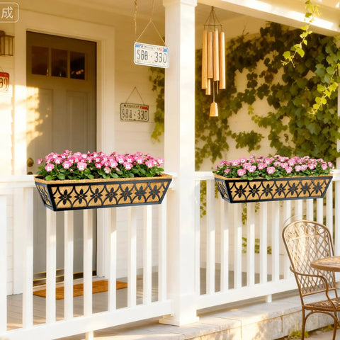 24 Inch Railing Planter Boxes 2 Pack With Adjustable Brackets And Coco Liners installed on porch railing, filled with flowers
