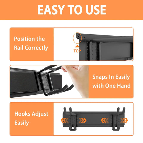 Close-up of 48 Inch Garage Tool Organizer Wall Mount Heavy Duty Steel Rack hooks, rail setup, and hand snapping in place.
