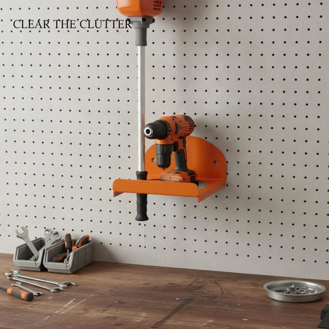 Wall Mounted Tool Rack For Garage And Workshop, Heavy Duty Vertical Iron Organizer with drill and trimmer on pegboard wall
