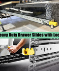 Heavy Duty Drawer Slides With Lock, close-up of slide extension and locking mechanism, 500 lb capacity.
