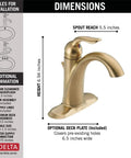 Lahara Brushed Gold Bathroom Faucet with dimensions, 6.94 inch height, 5.5 inch spout reach, includes optional deck plate