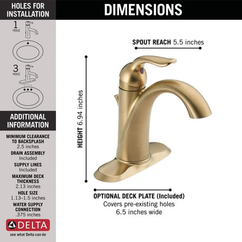 Lahara Brushed Gold Bathroom Faucet with dimensions, 6.94 inch height, 5.5 inch spout reach, includes optional deck plate