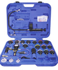 Universal Radiator Pressure Tester And Vacuum Cooling System Kit For Domestic And Import Vehicles With Vacuum Purge And Refill Tool DIY Friendly Fits Nearly All Radiator Openings Color Coded Test Caps In Blow Molded Case, blue case open