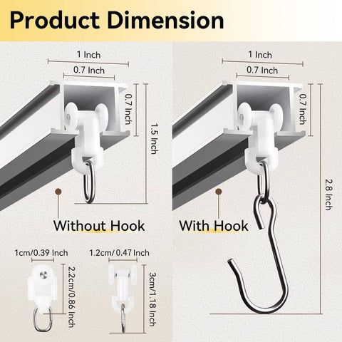 Ceiling Curtain Track For Room Divider, Aluminum Ceiling Mount Rail Set With Roller Hooks, White Finish, 6Ft To 9Ft, Heavy Duty, dimensions and hooks shown.