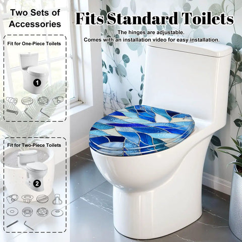 Elongated Blue Stained Glass Effect Abstract Mosaic Flowing Toilet Seat on a standard toilet in a modern bathroom setting.