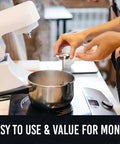 Candy Thermometer With Pot Clip For Deep Frying And Candy Making, Fast Accurate Readings, shown in a pot on a stovetop, white.