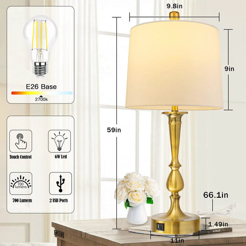 Set Of 2 Touch Control Table Lamps With USB Charging Ports, 3 Way Dimmable, Modern Nickel And Gold Finish with dimensions