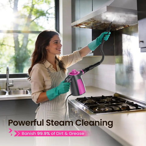 Heavy Duty Pressurized Handheld Steam Cleaner With 12 Piece Attachment Kit For A Sweet And Slick Deep Clean tackling kitchen grease.