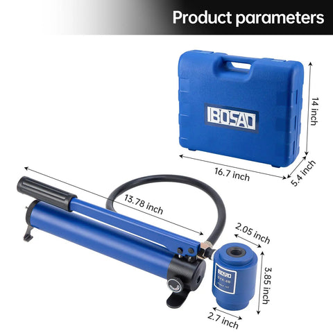 80K Hydraulic Knockout Punch Kit for Electrical Conduit Holes One Half to Two Inch Heavy Duty KO Tool Set with blue case and dimensions