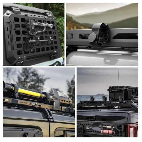 Universal Quick Release Shovel Holder Mount With Lock For 0.79 To 1.97 Inch Tool Handles on SUV roof rack and MOLLE panel