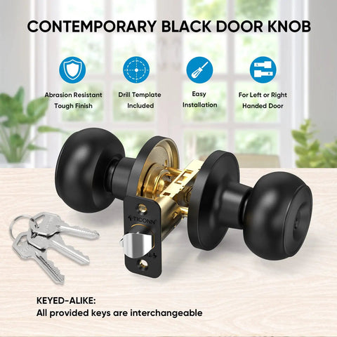 Matte Black Round Door Knob Set With Deadbolt For Indoor Doors, 5 Pack, Keyed Entry And Keyed Alike, Ball Style Door Handles