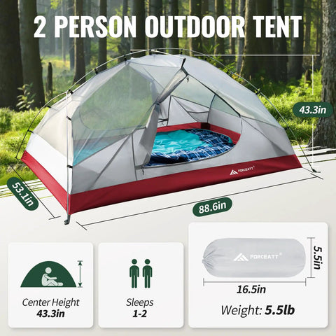 Two Person Waterproof And Windproof Camping Tent dimensions and features with 2-person capacity, in a forest setting.