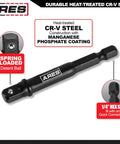 Image of a durable CR-V steel ARES tool with 1/4 inch hex shank, spring-loaded detent ball, used for impact grade socket adapter sets.