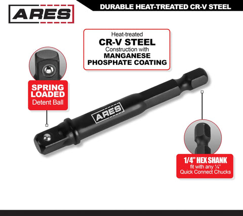 Image of a durable CR-V steel ARES tool with 1/4 inch hex shank, spring-loaded detent ball, used for impact grade socket adapter sets.