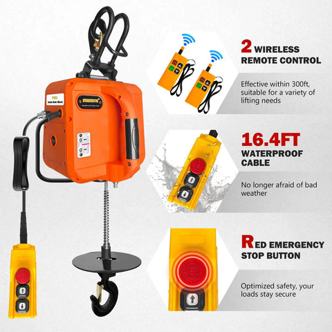 Heavy Duty Electric Hoist Winch With Wireless Remote For Ceiling Mount Garage Towing, 1100 Lb Capacity Portable Lift Rig With Quick Setup Cable For No Sweat Workshop Hauls