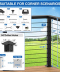 Heavy Duty 36 Inch Stainless Steel Cable Railing Corner Post Featuring 90 Degree L Drilled Holes For Clean Lines And Easy As Pie Assembly Matte Black Finish accesseries diagram.