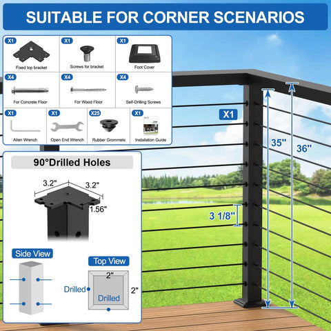 Heavy Duty 36 Inch Stainless Steel Cable Railing Corner Post Featuring 90 Degree L Drilled Holes For Clean Lines And Easy As Pie Assembly Matte Black Finish accesseries diagram.