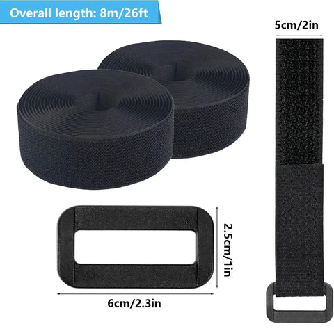 Heavy Duty Cable Straps Set With 2 Rolls Of 26 Feet Each 2 Inch Wide Straps With 20 Buckles And Hook And Loop Fasteners Reusable