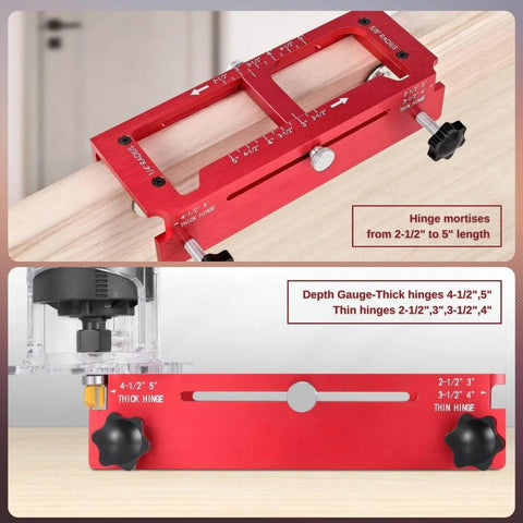 Pro Grade Door Hinge Mortising Jig With Red Aluminum Template Kit And Router Guide Adjustable From Two Point Five To Five Inches Heavy Duty Aluminum Construction Accurate Repeatable Mortising Ideal For Cabinets And Interior Doors For Pros And DIYers, showing a close-up of adjustable red jig parts and measurements.