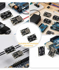 Collage of 5 Pack DC To DC Buck Converter Module With 6V To 30V Input And 5V Output Mini Step Down Regulator Board in various setups