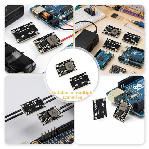 Collage of 5 Pack DC To DC Buck Converter Module With 6V To 30V Input And 5V Output Mini Step Down Regulator Board in various setups