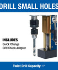 Heavy Duty Portable Magnetic Drill Press With 1100 Watt Motor And Variable Speed Control For Annular Cutting, showing quick change drill chuck adaptor.