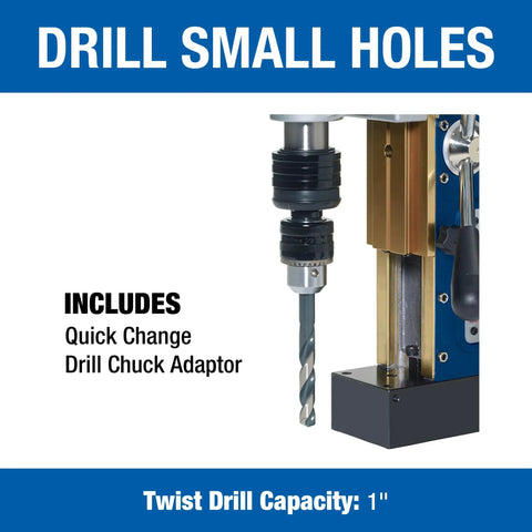 Heavy Duty Portable Magnetic Drill Press With 1100 Watt Motor And Variable Speed Control For Annular Cutting, showing quick change drill chuck adaptor.