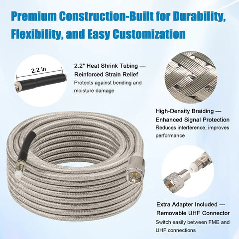 Street Ready Ultra Low Loss RG8X 10ft Coax Cable With FME Female To UHF PL259 Male And FME Male To PL259 Adapter details