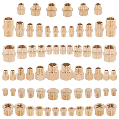All-In-One 66 Piece Brass Pipe Fittings Kit With NPT Adapters Reducers Hex Bushings Nipples Couplings And Plugs displayed