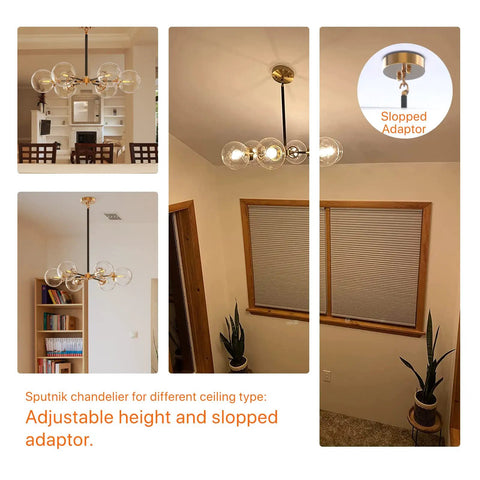 Sputnik Chandelier Dope Mid Century Pendant Light With Glass Globe Shades in various home settings and sloped ceiling adaptor detail