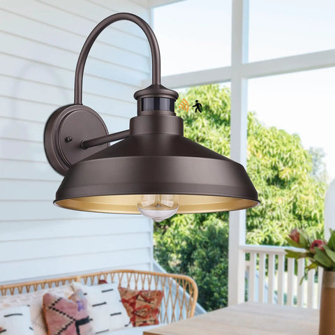 Infrared Motion Sensor Barn Lights Outdoor Wall Sconce Set For Farmhouse Exterior, Oil Rubbed Bronze, on porch wall