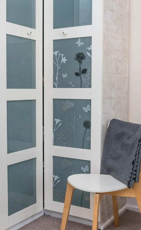 Premium Privacy Window Film Blossom Static Cling Roll 17x59 Inches installed on cabinet glass doors.
