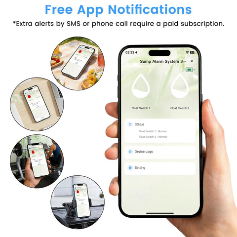 Smartphone displaying WiFi Sump Pump Alarm With Phone Alerts app interface for monitoring water levels and device status, held in hand.