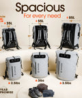 Rugged All Weather Waterproof Hiking Backpack With Roll Top Closure Cushioned Dry Bag and sizes for kayaking, camping, biking.