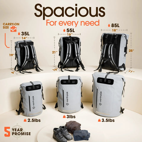 Rugged All Weather Waterproof Hiking Backpack With Roll Top Closure Cushioned Dry Bag and sizes for kayaking, camping, biking.