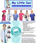 Children in colorful scrubs and lab coats; includes text about machine washable kids vet lab coat with embroidered name and puppy embroidery.