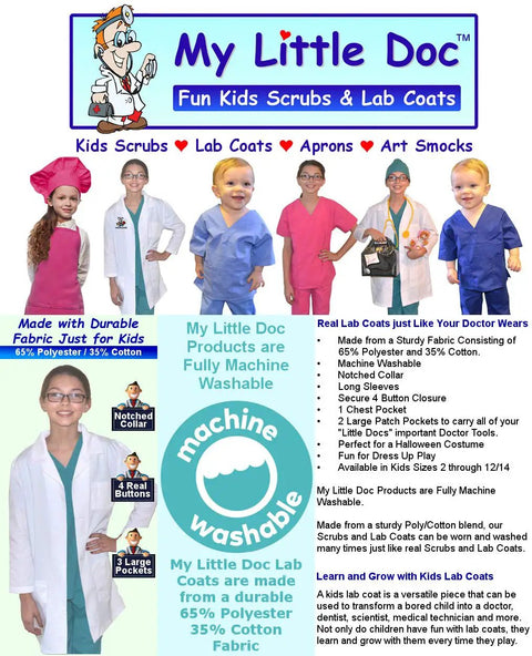 Children in colorful scrubs and lab coats; includes text about machine washable kids vet lab coat with embroidered name and puppy embroidery.