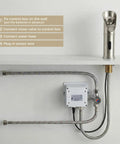 Installation guide for LED Waterfall Touchless Bathroom Faucet With Motion Sensor, Nickel Finish, showing control box and hoses.