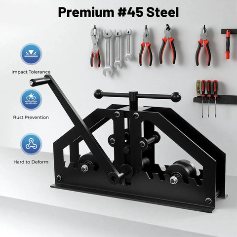 Heavy Duty Manual Tube Roller Bender For Tabletop Pipe Rolling Machine Crafted From Premium 45# Steel with adjustable handle and precision rollers.