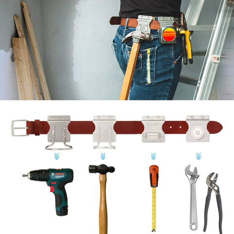 Built To Last Stainless Steel Hammer Holster on tool belt showing 2.6 inch loop and multiple tool holders in use