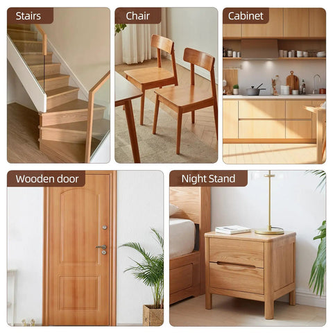 Stairs, chairs, cabinet, wooden door, and nightstand showcasing surfaces for 12 Colors Wood Filler Sticks Wax Crayons For Quick Fixes