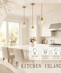 Luboyear 3 Pack Inch Clear Globe Glass Pendant Lights, Gold Brass Adjustable Height Hanging Light Fixtures for Kitchen Island.