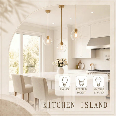 Luboyear 3 Pack Inch Clear Globe Glass Pendant Lights, Gold Brass Adjustable Height Hanging Light Fixtures for Kitchen Island.