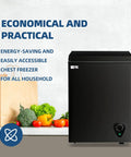 Slick 3.5 Cubic Feet Compact Chest Freezer With Adjustable Thermostat And Nifty Removable Basket, black, in a kitchen setting.