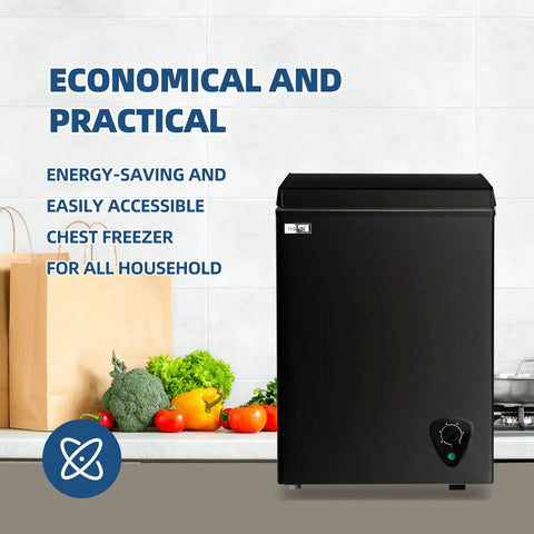 Slick 3.5 Cubic Feet Compact Chest Freezer With Adjustable Thermostat And Nifty Removable Basket, black, in a kitchen setting.