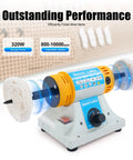 Heavy Duty Top Notch 320W Variable Speed Bench Polisher Built Like A Tank For Jewelry Crafters And Weekend Warriors Featuring Knockout RPM And Sweet Cooling Vents showing adjustable speed and polishing wheel.