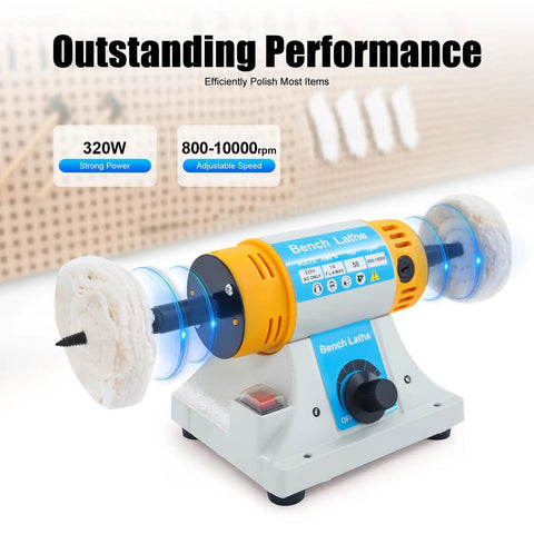 Heavy Duty Top Notch 320W Variable Speed Bench Polisher Built Like A Tank For Jewelry Crafters And Weekend Warriors Featuring Knockout RPM And Sweet Cooling Vents showing adjustable speed and polishing wheel.
