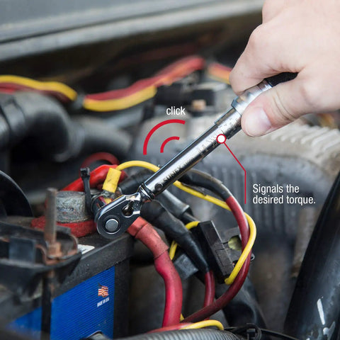 Quarter Inch Drive 60 Tooth Torque Wrench With 10 To 50 Inch Pounds, Audible Click And Impulse Feedback being used on a car engine