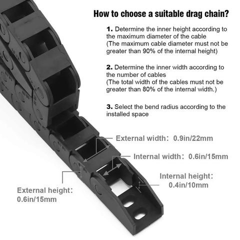 1M Black Nylon Cable Drag Chain With 10x15mm Inner Size Wire Carrier Chain Built Tough Reinforced PA66 Energy Chain diagram
