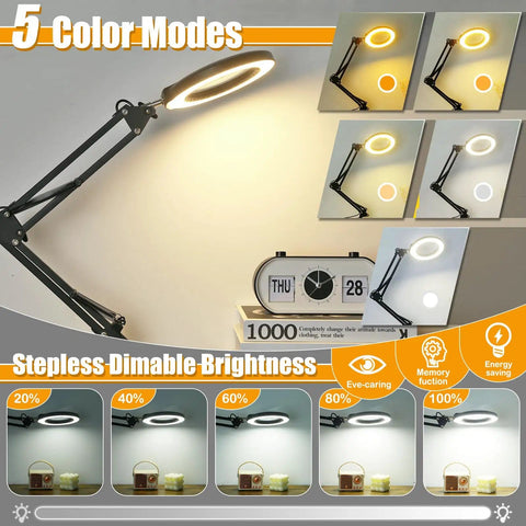 5 color modes of 12X Real Glass Magnifying Glass With Light And Stand, adjustable LED desk lamp with dimmable options.